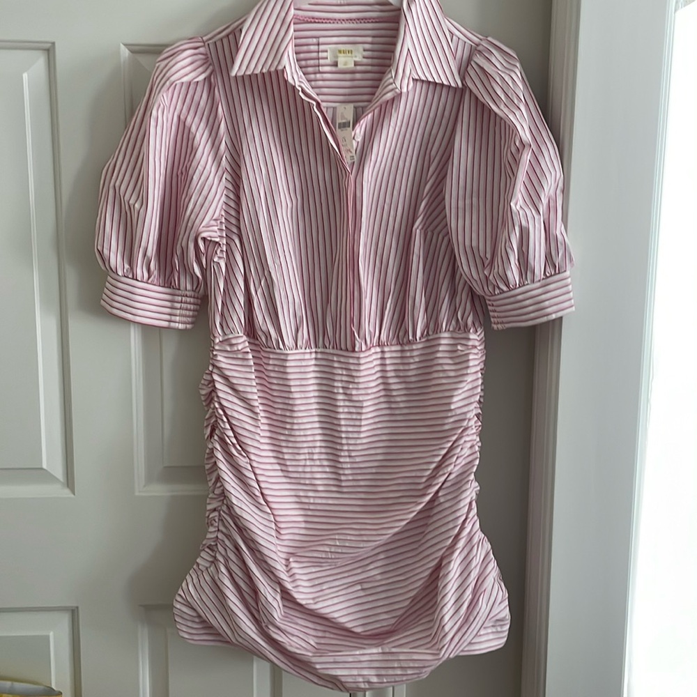 Maeve dress by Anthropologie.  Cute pink red and white pinstripe.